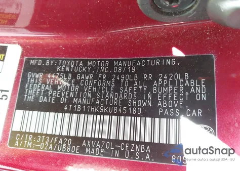 2019 Toyota Camry Le z USA, uszkodzony, nr VIN 4T1B11HK9KU845180